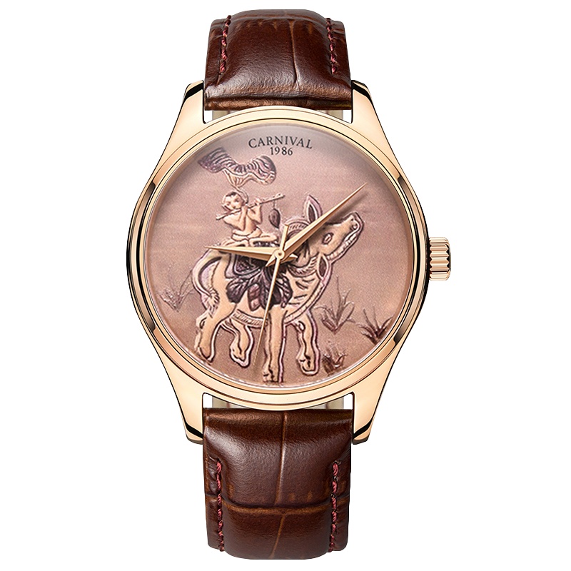 瑞士嘉年华(Carnival)手表自动机械表男表Miyouta进口机芯牛皮表带牛转乾坤生肖牛款男士浮雕彩绘515