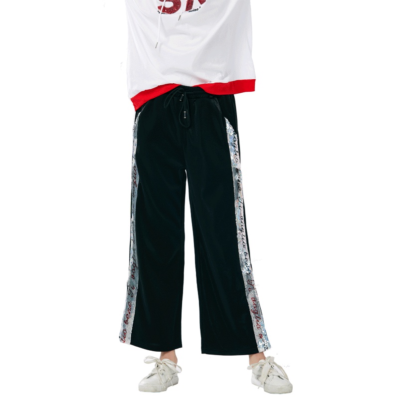 美丽衣橱阔腿裤女2019秋新款时尚百搭黑色高腰宽松显瘦休闲裤子