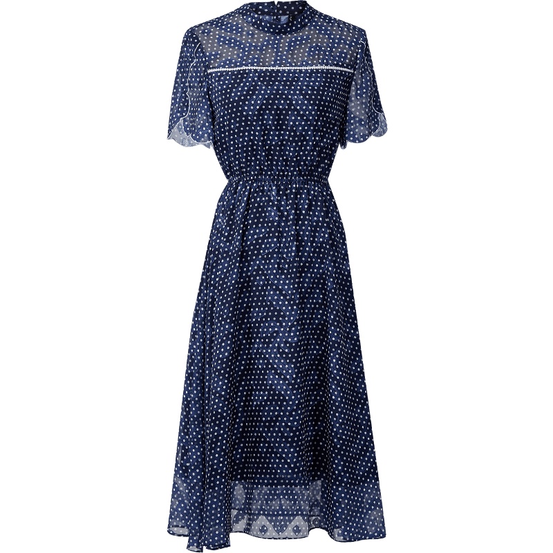 欧昵雪夏季立领收腰显瘦波点雪纺连衣裙女短袖藏肉a字裙