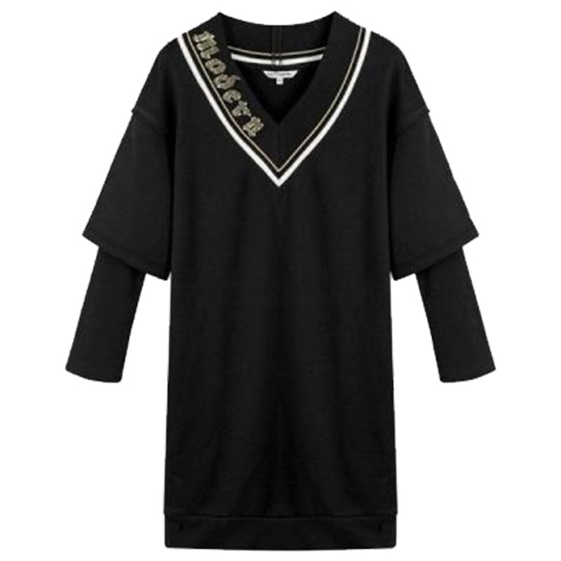 【热卖】拉夏贝尔女式气质连衣裙女士秋韩版亮片宽松V领长袖黑色短裙子