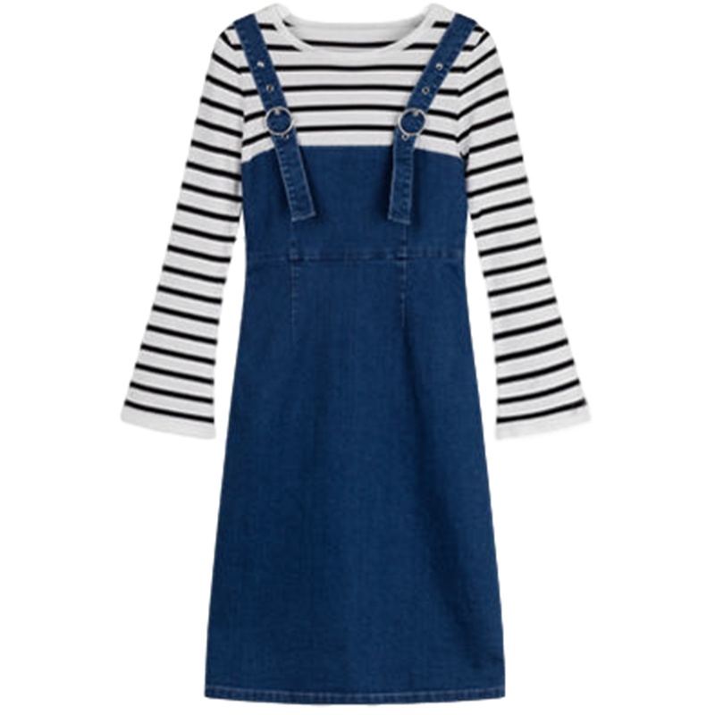 拉夏贝尔夏女牛仔修身连条纹针织衫拼接韩版显瘦中长裙女_225 S建议(80斤-105斤) 深牛仔蓝