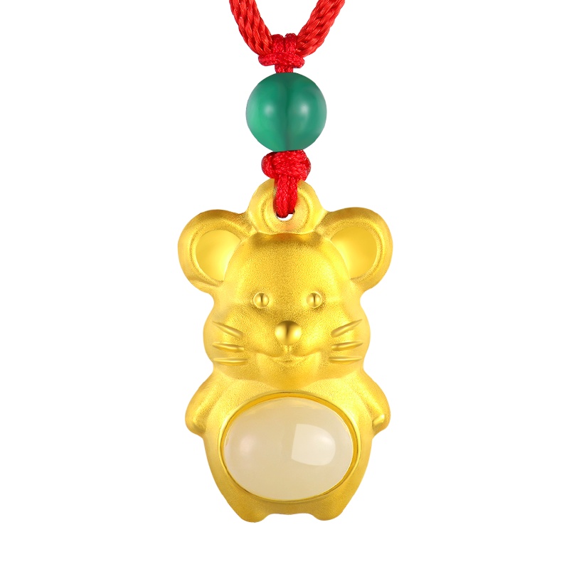 蒂蔻 本命年生肖双面鼠金镶玉吊坠项链男女宝宝款和田玉镶嵌编织红绳百天周岁出生礼送婴儿