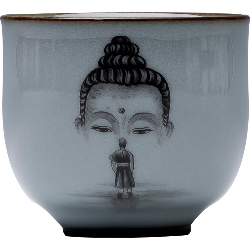 景德镇全手工陶瓷主人杯禅意问佛喝茶杯官窑铁胎功夫茶具