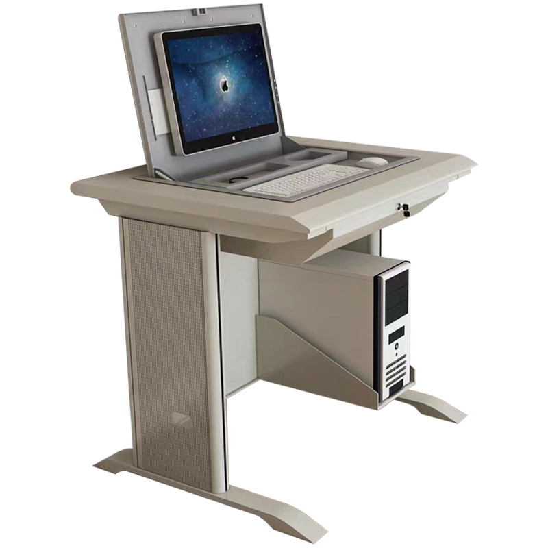 创世人 翻转电脑桌 单双人带主机显示器嵌入式电脑桌 多媒体课桌 学校微机室电脑桌