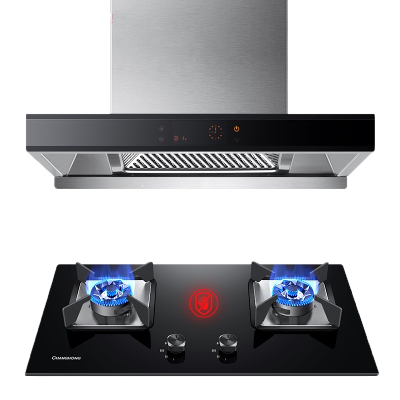 长虹F01+C05天然气抽油烟机燃气灶套餐家用厨房大吸力套装自动清洗玻璃面板吸油烟机