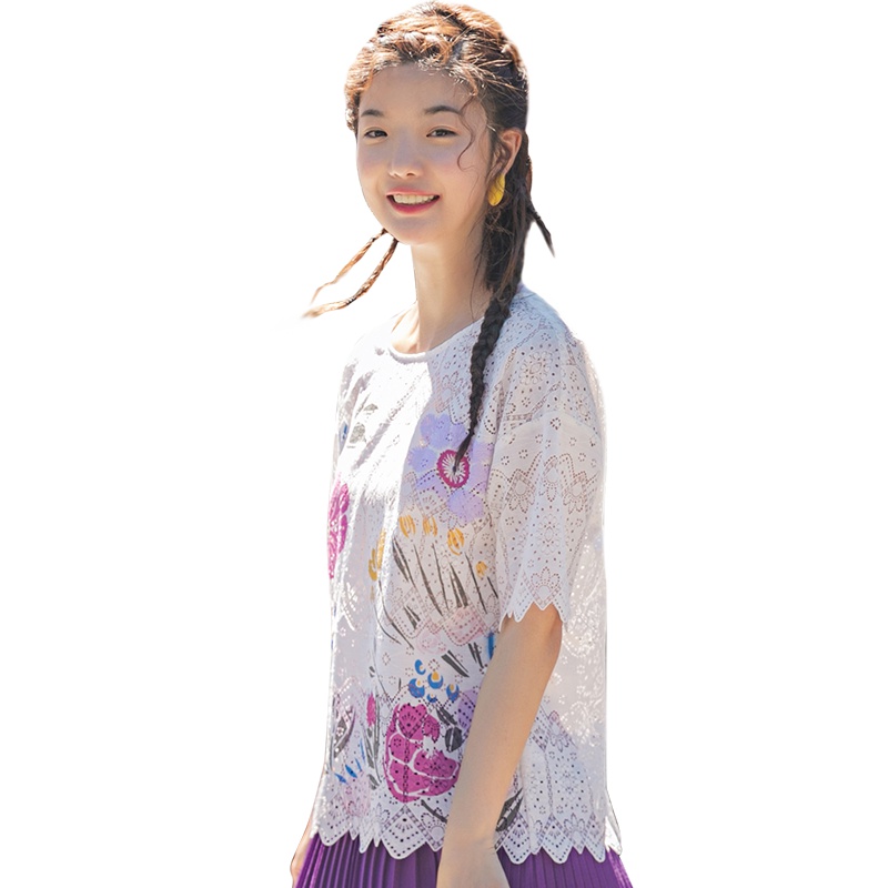 茵曼2019夏装新款圆领文艺绣花撞色印花休闲百搭显瘦衬衣衬衫女