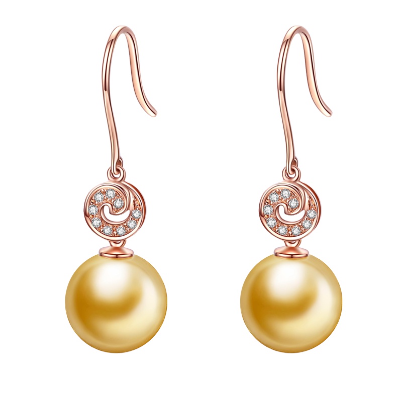 brir佰色传情 9-10mm正圆南洋金珠耳环18K金钻石轻奢时尚海水珍珠耳饰耳吊