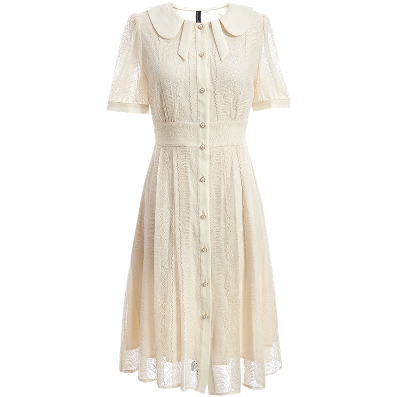 欧昵雪夏季减龄娃娃领短袖镂空蕾丝连衣裙女收腰显瘦中裙