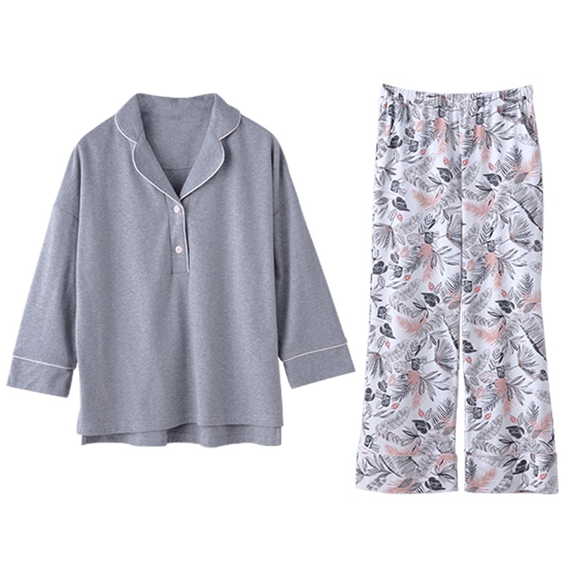 安之伴秋季睡衣素色印花国民领长袖女士家居服套装