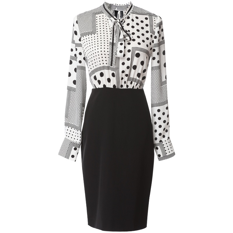 欧昵雪秋装系带蝴蝶结假两件拼接波点印花连衣裙女长袖