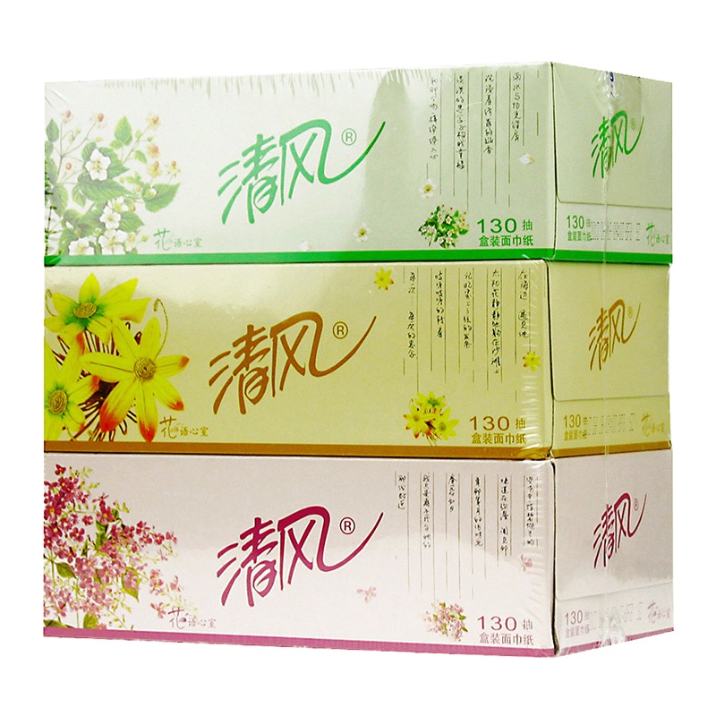 清风 B333B花语心室130抽大规格双层盒装面巾纸 2层130抽 3盒/提 16提/箱