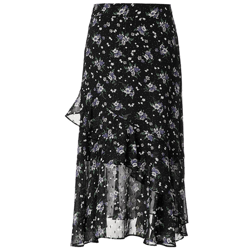 欧昵雪夏装高腰修身显瘦碎花荷叶边雪纺半身裙女黑色中裙