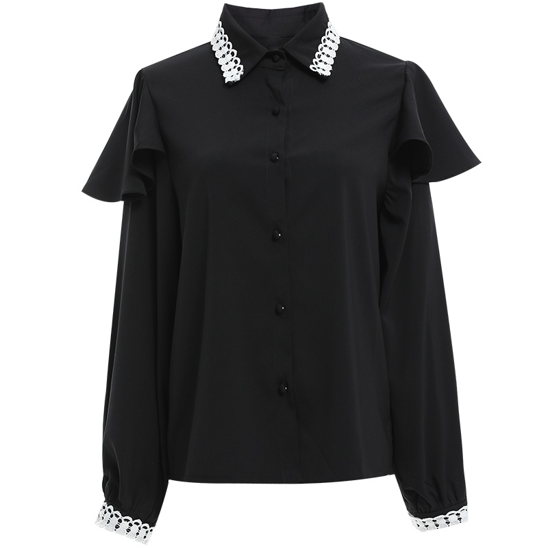 欧昵雪Polo领拼接荷叶边长袖显瘦衬衫女设计感上衣