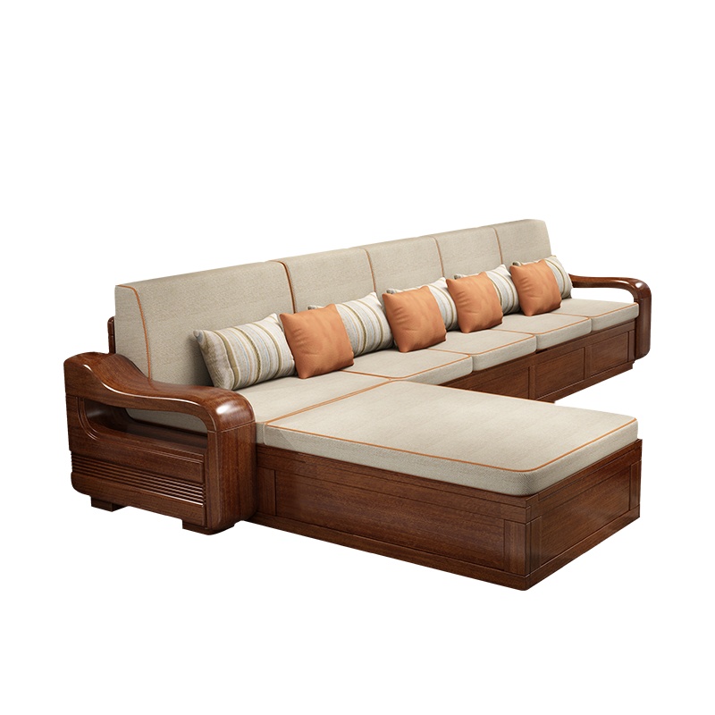 月影梳桐中式胡桃木沙发组合现代客厅大储物贵妃沙发冬夏两用木沙发实木
