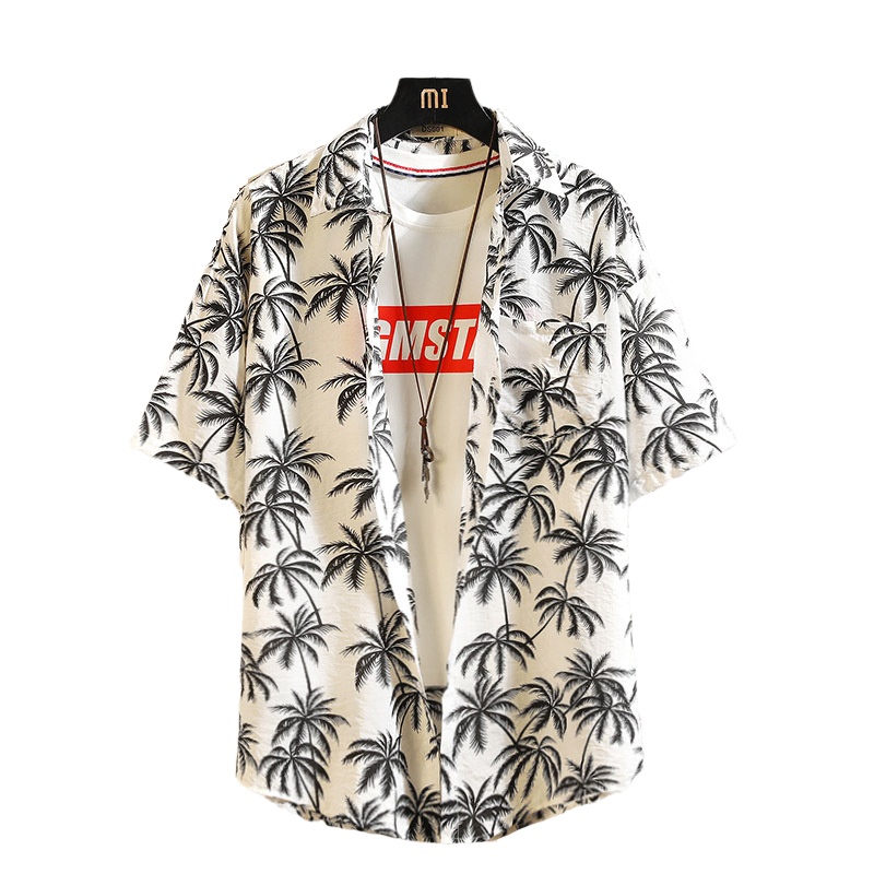 休闲风夏威夷沙滩花衬衫男短袖宽松大码港风旅行复古痞帅潮牌衬衣
