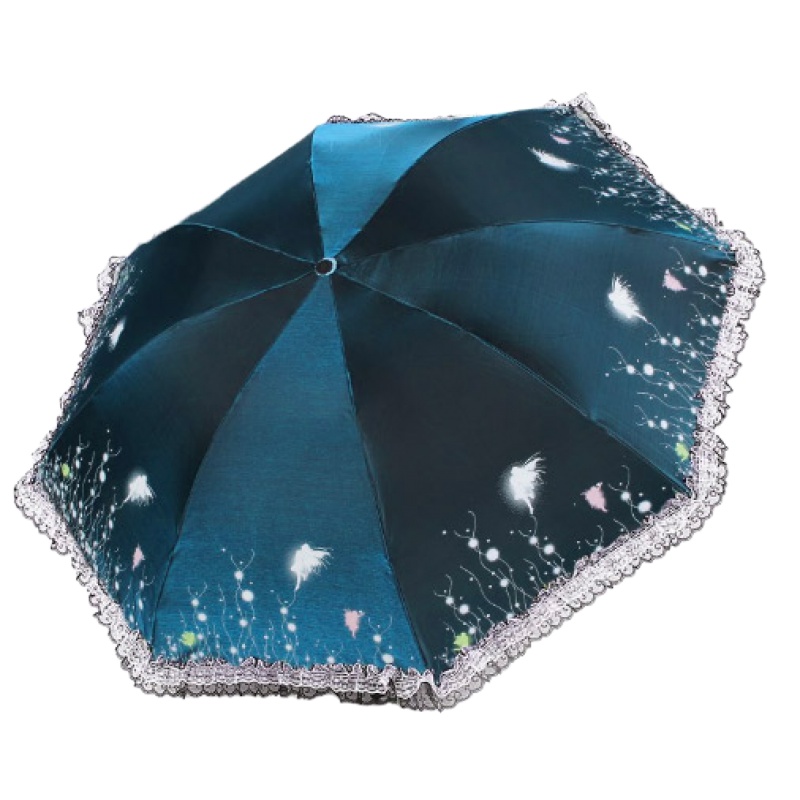 天堂伞正品蕾丝太阳伞折叠黑胶防晒遮阳晴雨伞两用女 宝蓝色新款