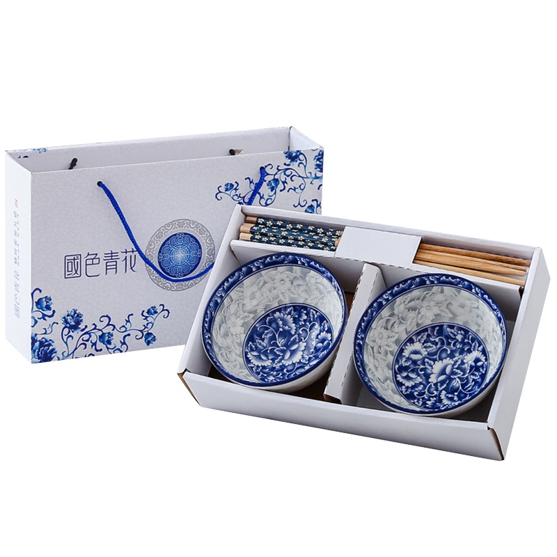 苏宁极物 青花瓷碗筷套装两碗两筷 DX0093 高尔夫陶瓷碗套装碗筷套装(套)