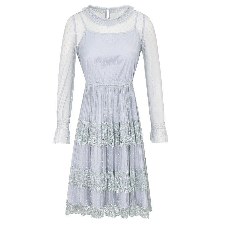 帝紫规秋款女装百褶圆领蕾丝拼接波点网纱喇叭袖松紧腰百褶裙气质淑女连衣裙