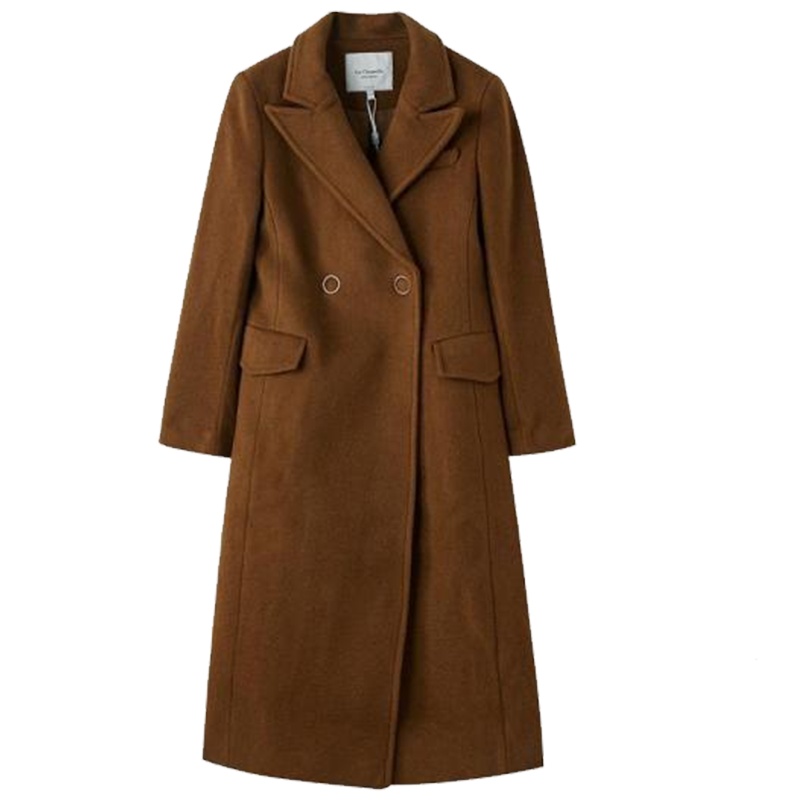 拉夏贝尔百搭翻领收腰显瘦气质长款纯色羊毛呢大衣外套女10015933