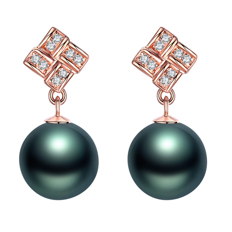 brir佰色传情正品8-9MM正圆强光海水珍珠耳饰18K大溪地黑珍珠耳钉