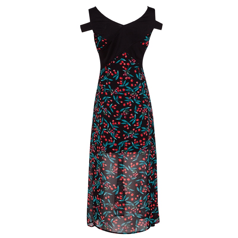 晩白 新品V领露肩印花收腰显瘦长款大摆无袖雪纺连衣裙女