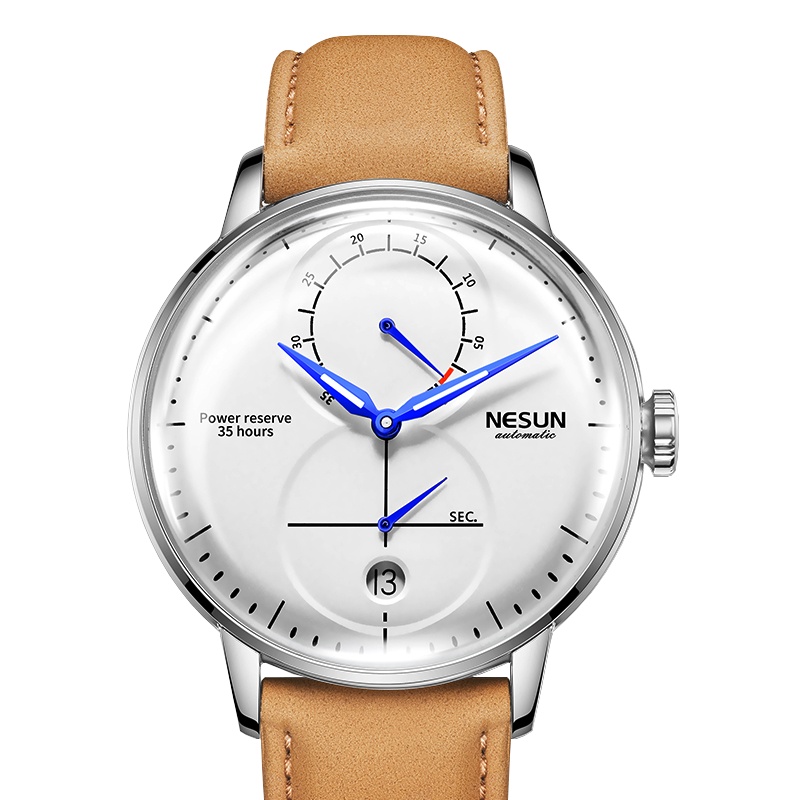 尼尚NESUN正品全自动机械表男士手表曲面商务休闲潮流夜光防水简约表钢带款男表个性烤蓝指针动能显示9605