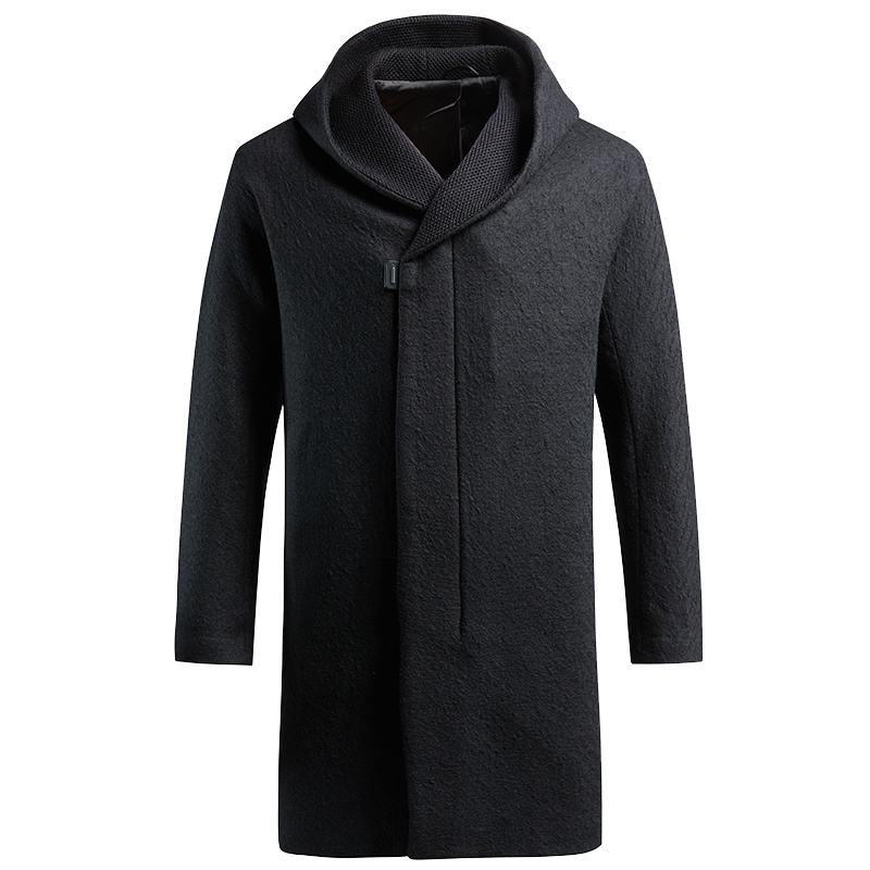 2019秋冬新款黑色连帽设计师风格羊毛大衣