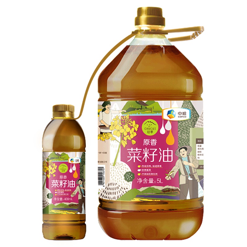 中粮 初萃(CHUCUI) 原香菜籽油5L 捆绑送400ml非转基因菜籽油 物理压榨粮油 实惠捆绑桶装 四川风味 食用油