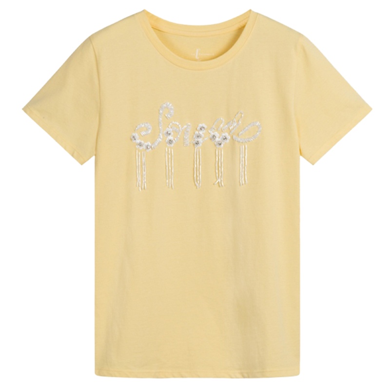 【专柜同款】拉夏贝尔夏短袖气质百搭时尚宽松钉珠流苏上衣潮女式T恤10018044