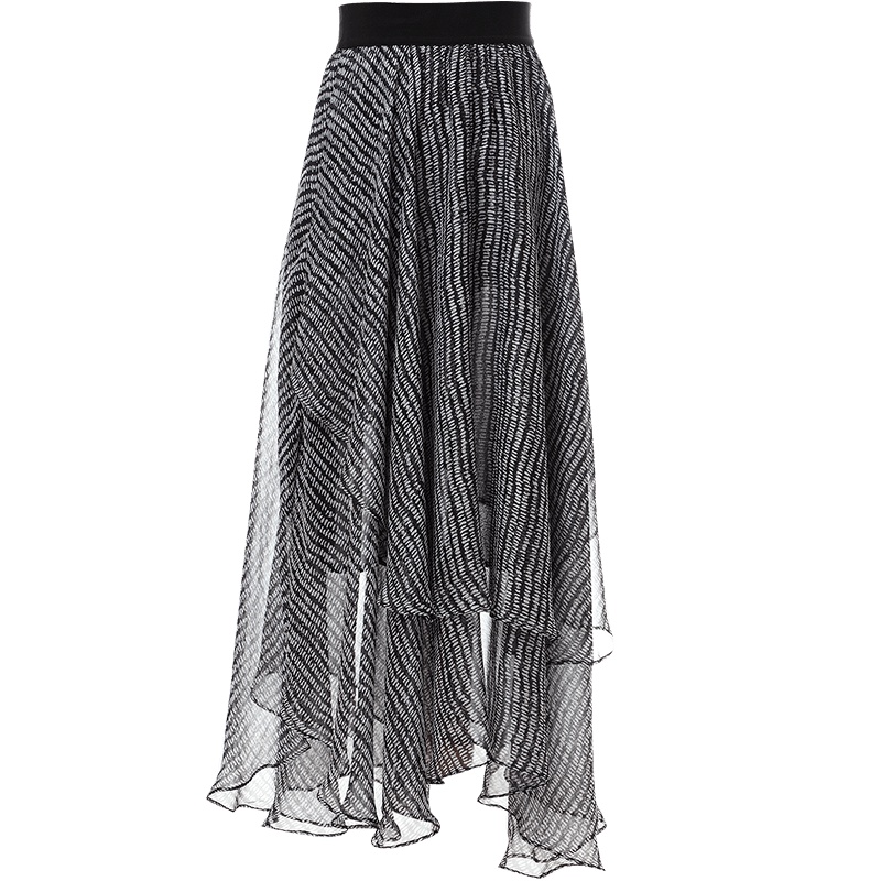 欧昵雪夏季高腰百搭中长款荷叶边波浪裙摆不规则雪纺半身裙女