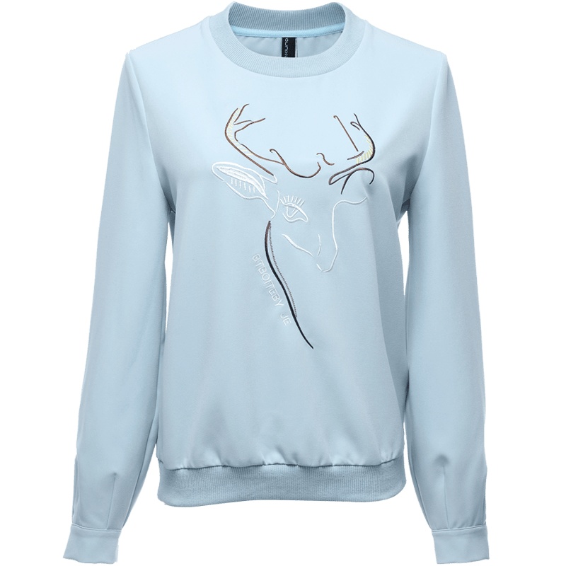 欧昵雪时尚休闲小鹿绣花上衣女长袖圆领宽松套头卫衣