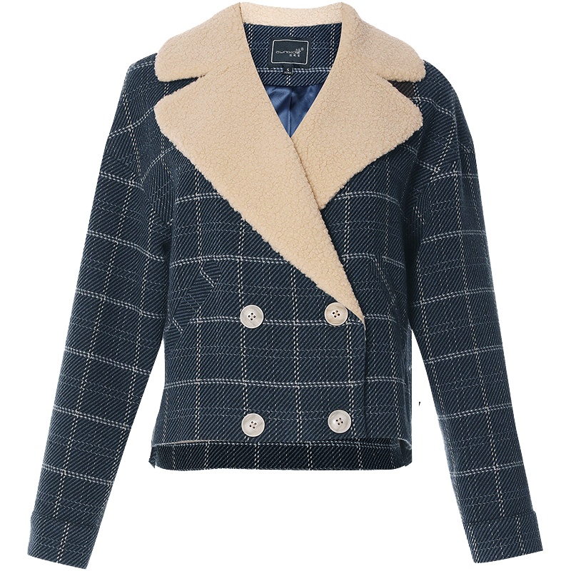 欧昵雪秋冬季小个子前短后长格子短款毛呢外套女长袖上衣