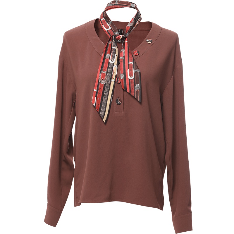 欧昵雪秋装通勤V领丝巾长袖衬衫女上衣套头宽松显瘦衬衣