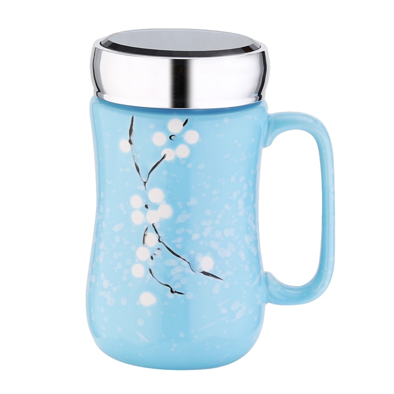 400ml陶瓷马克杯带盖 DX1182 雪花色釉镜面创意水杯办公商务水杯(单位:个)