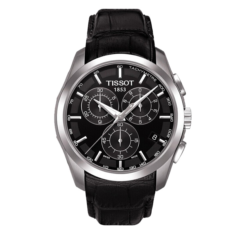 天梭TISSOT手表 欧美品牌 库图系列真皮表带三眼时尚运动防水男士石英表