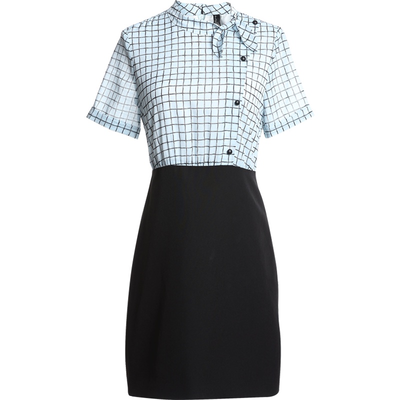 欧昵雪 夏通勤OL职业连衣裙女短袖格子蝴蝶结纽扣拼接包臀短裙X
