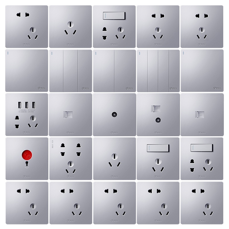 公牛开关插座太空银色开关面板北欧86型家用一开五孔插座面板多孔银色5孔电源插座开关
