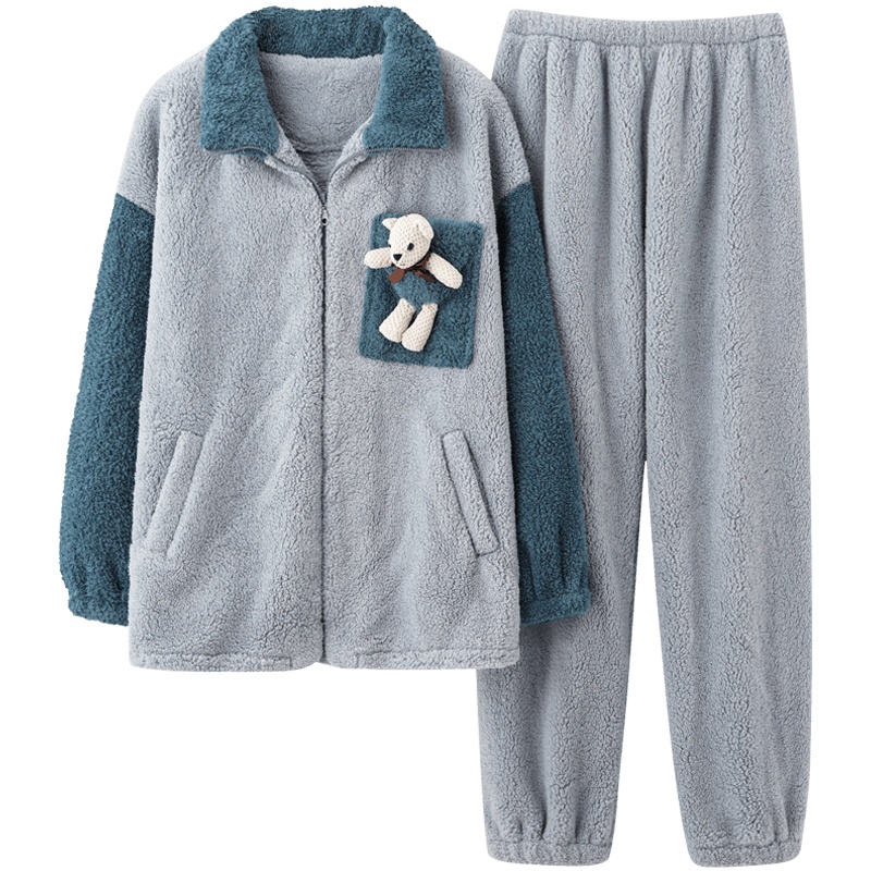 猫人长毛绒睡衣冬季男士拉链款加厚加绒翻领保暖舒适家居服套装