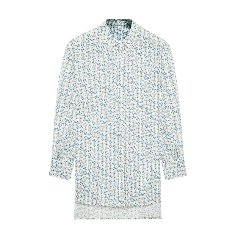 鄂尔多斯 | 1980春夏桑蚕丝翻领印花中长款女式衬衫