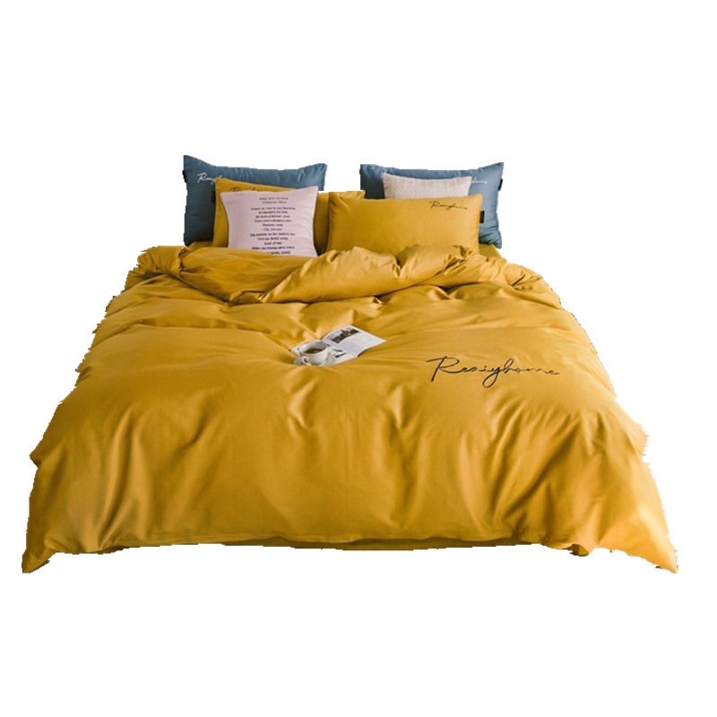 60支长绒棉贡缎轻奢简约风绣字母纯色四件套