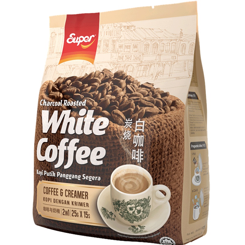 [买2送杯勺]马来西亚进口 super超级炭烧白咖啡375克/袋装 二合一 无添加蔗糖 速溶咖啡粉15包 提神冲饮