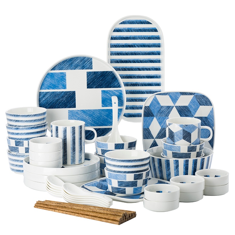 富昱景 碗盘套装 北欧牛仔蓝家用简约陶瓷餐具碗碟情侣创意碗 平盘牛排西餐盘