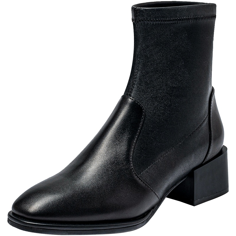 百田森冬季新款小短靴牛皮弹力瘦瘦靴百搭方头粗跟时装靴女_1