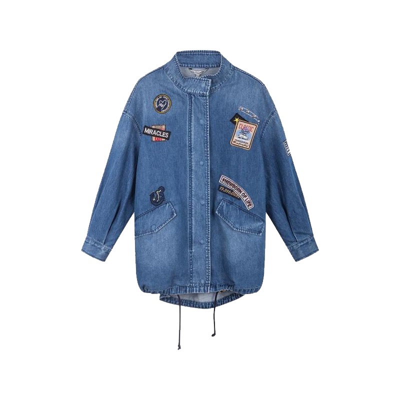 拉夏贝尔春装新款bf牛仔外套女韩版宽松长袖中长款牛仔衣10012995