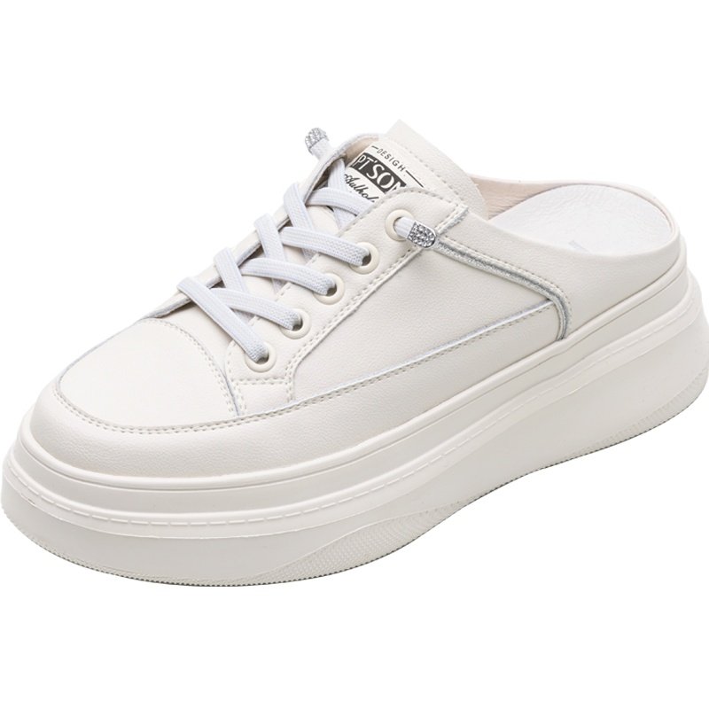 百田森2021春真皮穆勒鞋女厚底增高小白鞋女免系带一脚蹬包头拖鞋