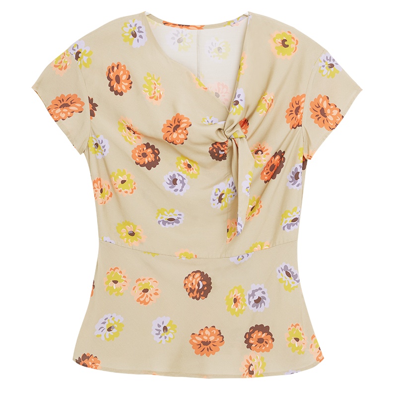 鄂尔多斯ERDOS 春夏季领口系带植物花卉含丝薄款上衣修身短袖T恤女