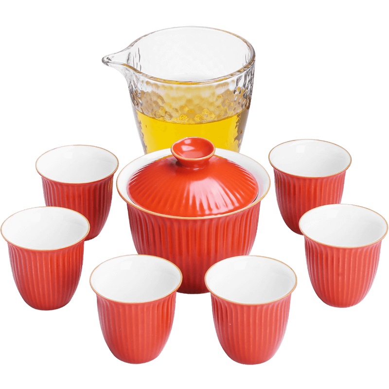 日式简约功夫茶具套装家用泡茶整套盖碗陶瓷办公室用喝茶 瓜棱功夫茶具套装(珊瑚红)