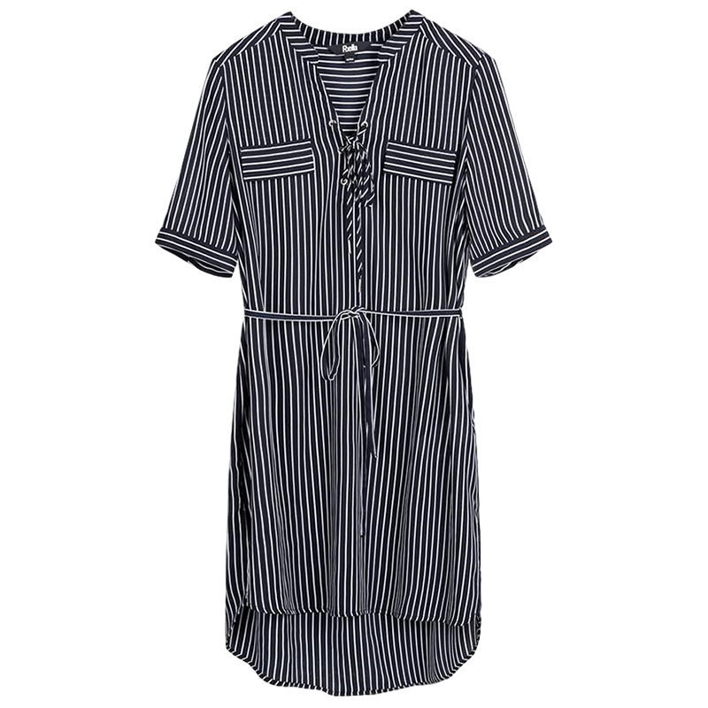 拉夏贝尔条纹V领衬衣女夏季新款短袖宽松夏复古上衣衬衫裙长款收腰薄_397 S 混色