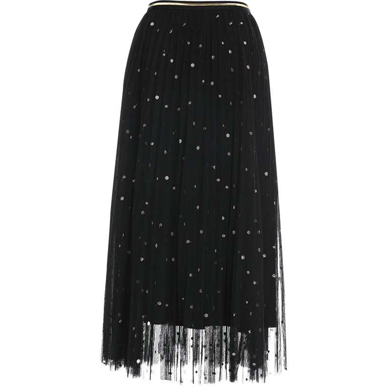 欧昵雪秋装圆点绣花网纱半身裙女高腰中长款百褶裙A字裙