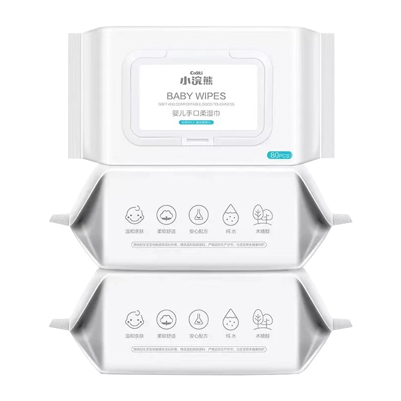 小浣熊(Coati) 婴儿湿巾 新生手口专用 宝宝幼儿童带盖湿纸巾加大加厚 80抽*3包